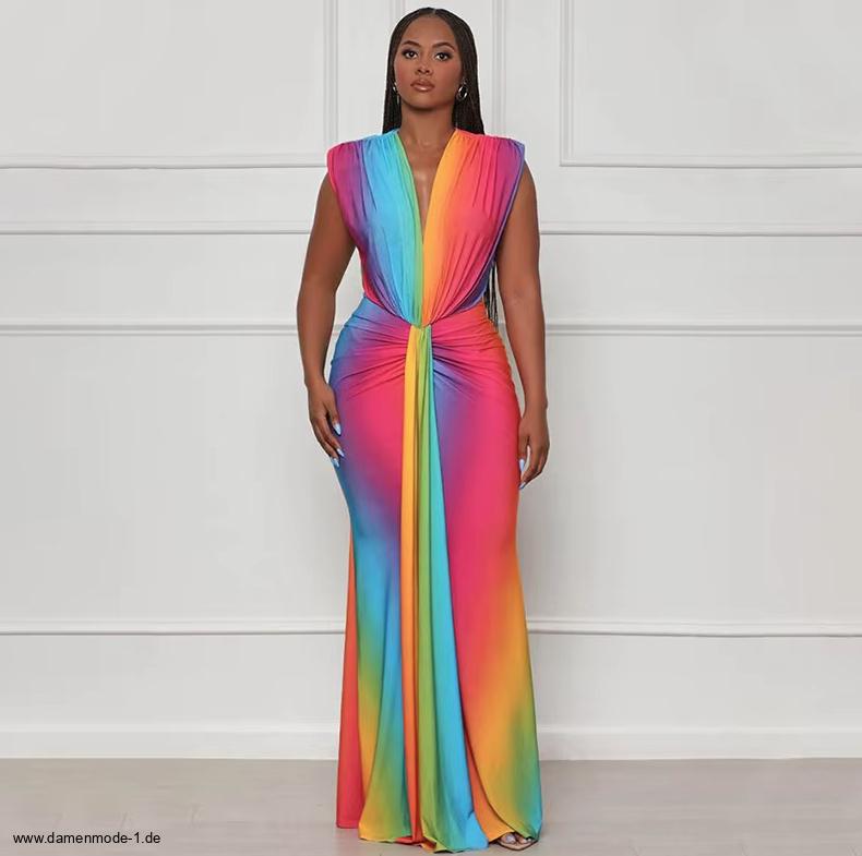 Ärmellloses Fit and Flare Kleid Lang Elegant in Regenbogen Farben