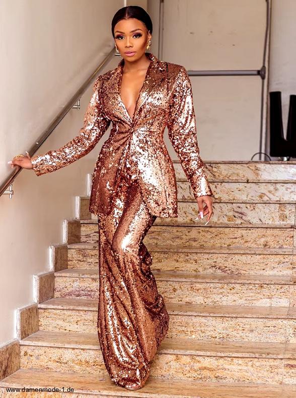 Damen Glitzer Hosenanzug Festlich in Gold