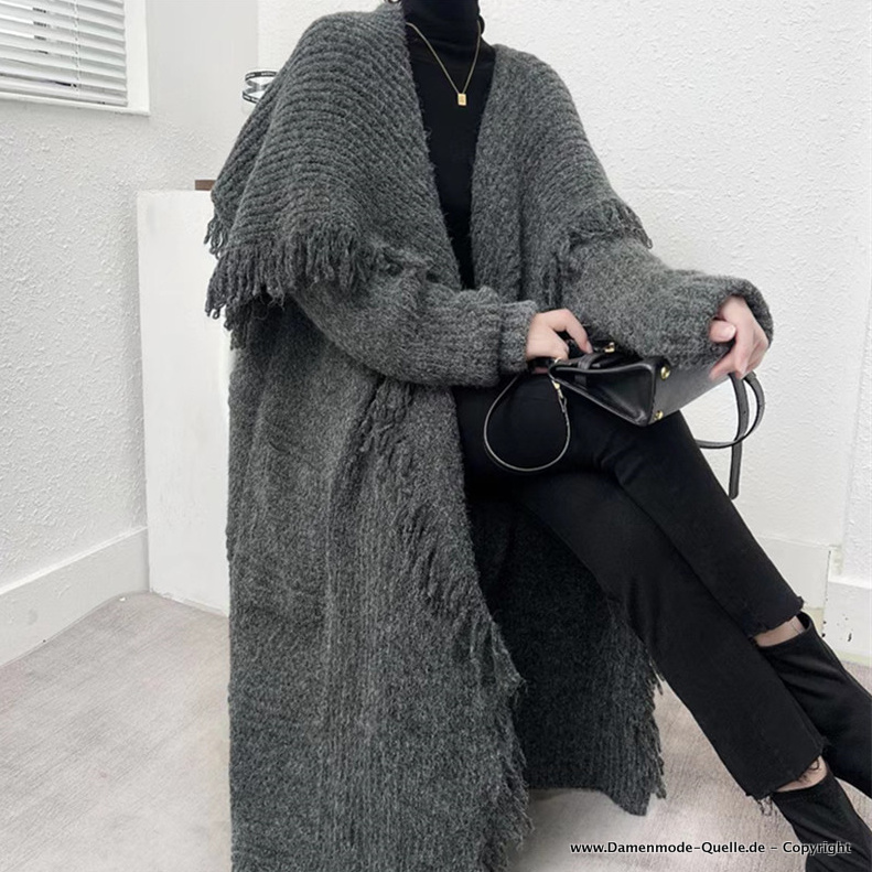 Herbst Winter Damen Strickjacke Cardigan Lang mit Taschen in&nbsp;Grau