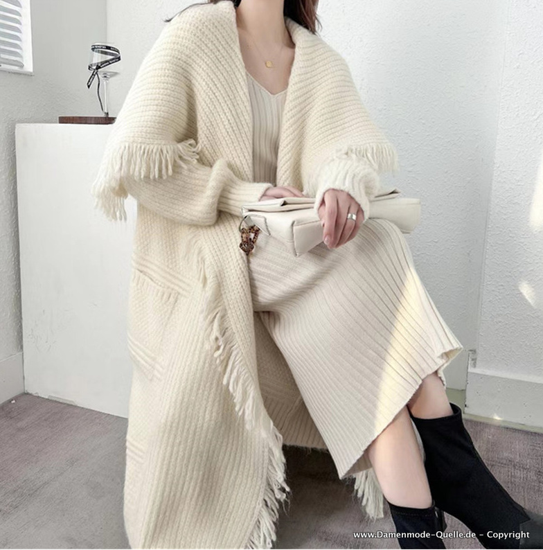 Herbst Winter Damen Strickjacke Cardigan Lang mit Taschen in&nbsp;Weiß