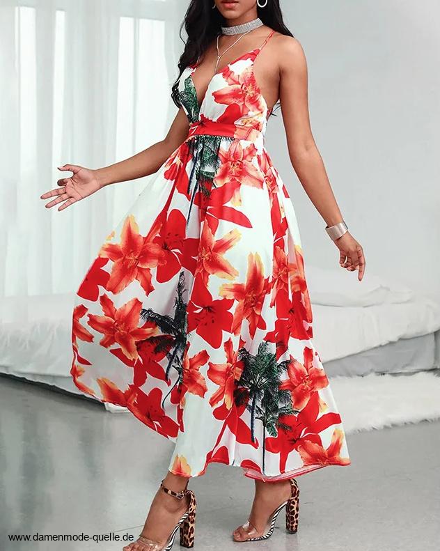 Elegantes A-Linie Spaghettiträger Kleid Knöchellang mit&nbsp;Blumenmuster