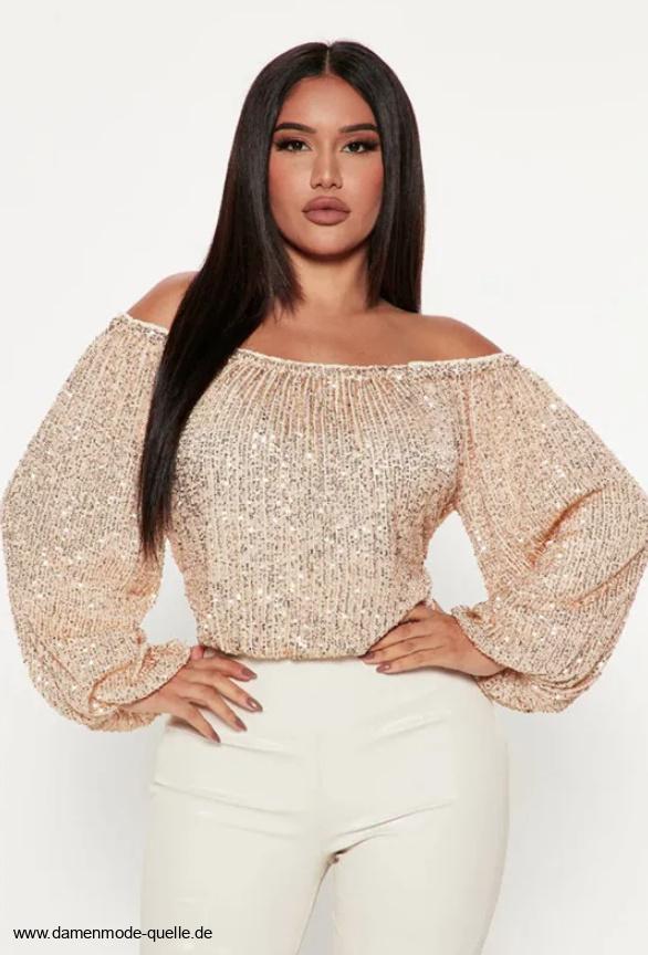 Schulterfreie langarm Bluse Festlich in Gold mit Glitzer&nbsp;Pailletten