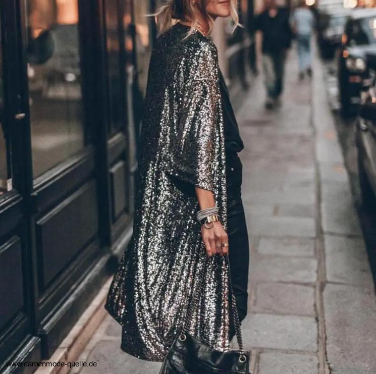 Damen Cardigan Lang mit Glitzer Pailletten in&nbsp;Schwarz