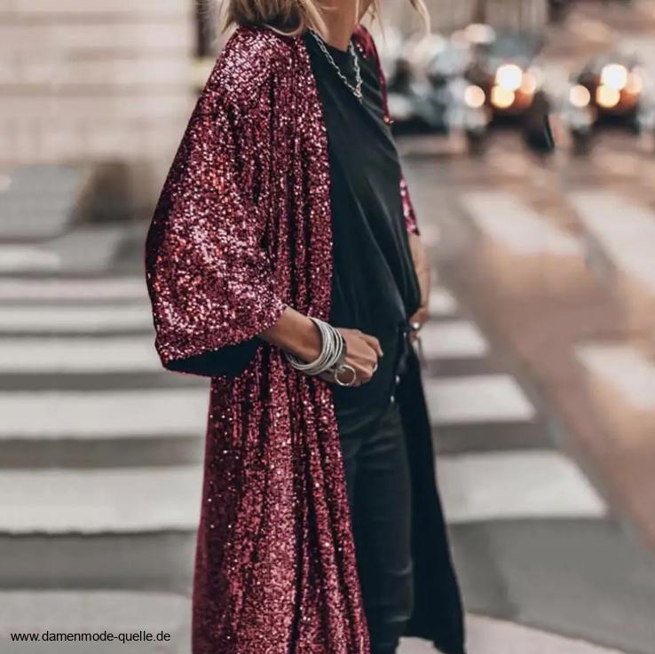 Damen Cardigan Lang mit Glitzer Pailletten in&nbsp;Rot