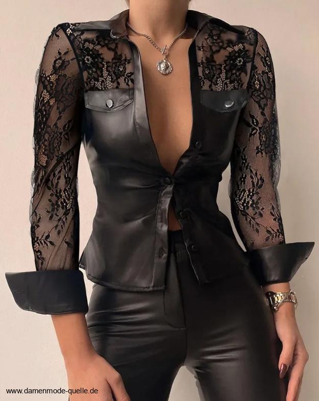 Langarm PU Leder Damen Bluse in Schwarz mit Tattoo&nbsp;Spitze