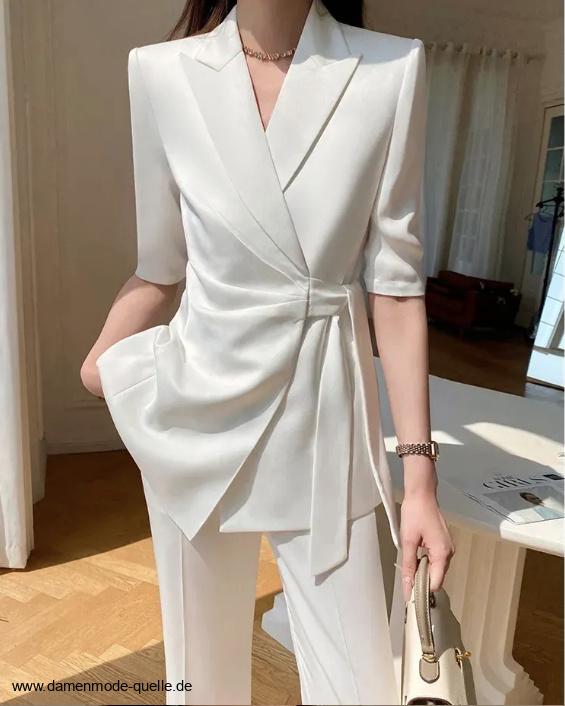 Damen Hosenanzug Elegant in Weiß mit Reverskragen und Wickel&nbsp;Blazer