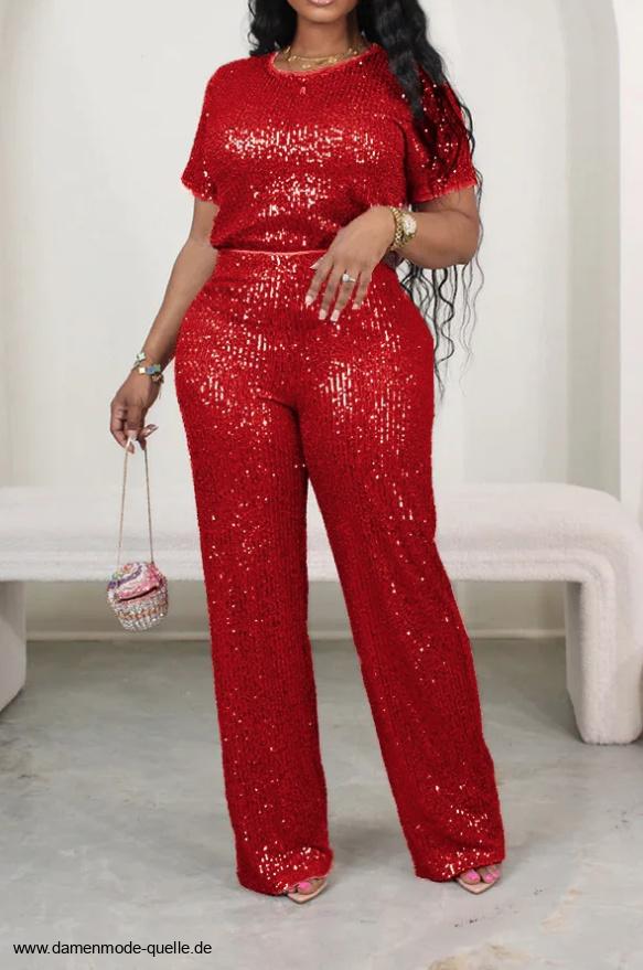 Eleganter Zweiteiler Glitzer Outfit für Damen Kurzarm Shirt mit Hose im Set&nbsp;Rot