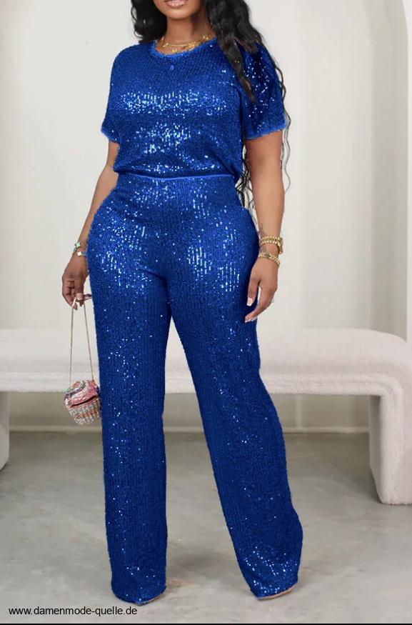 Eleganter Zweiteiler Glitzer Outfit für Damen Kurzarm Shirt mit Hose im Set&nbsp;Dunkelblau