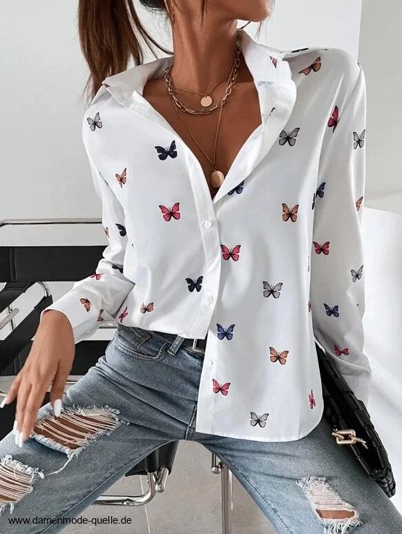 Elegante Satin Damen Bluse in Weiß mit Schmetterlinge