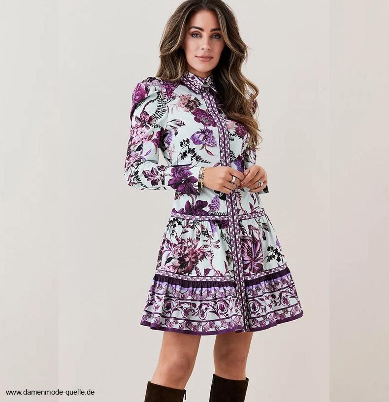 Elegantes A Linie Langarm Kleid Kurz in Weiß Lila mit Blumen