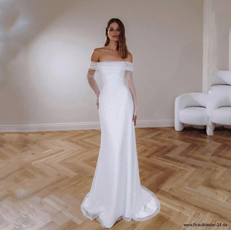 Schulterfreies Glitzer Fit and Flare Brautkleid Luana Bodenlang mit&nbsp;Ärmel