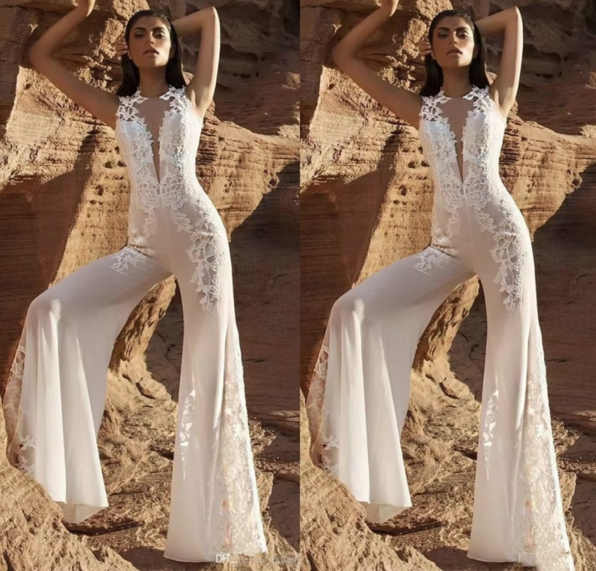 A Linie Boho Style Braut Einteiler Overall One Pice Ärmellos mit&nbsp;Spitze