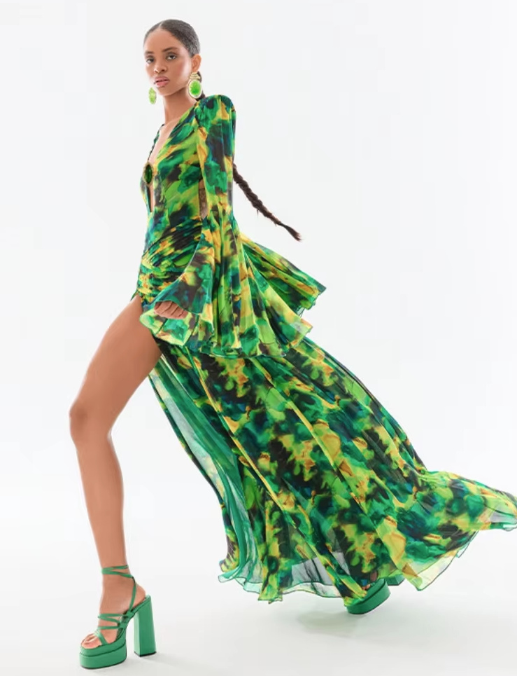  A-Linie Chiffon Kleid Elegant mit Rückenausschnitt in Grün mit&nbsp;Muster