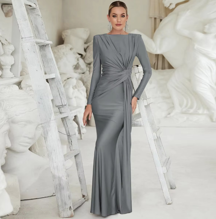 A Linie Langarm Abendkleid Elegant in Wickel Optik in&nbsp;Silber