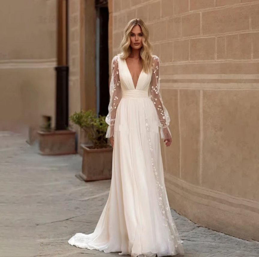 A Linie Langarm Boho Brautkleid Deolinda mit Ärmel aus&nbsp;Spitze