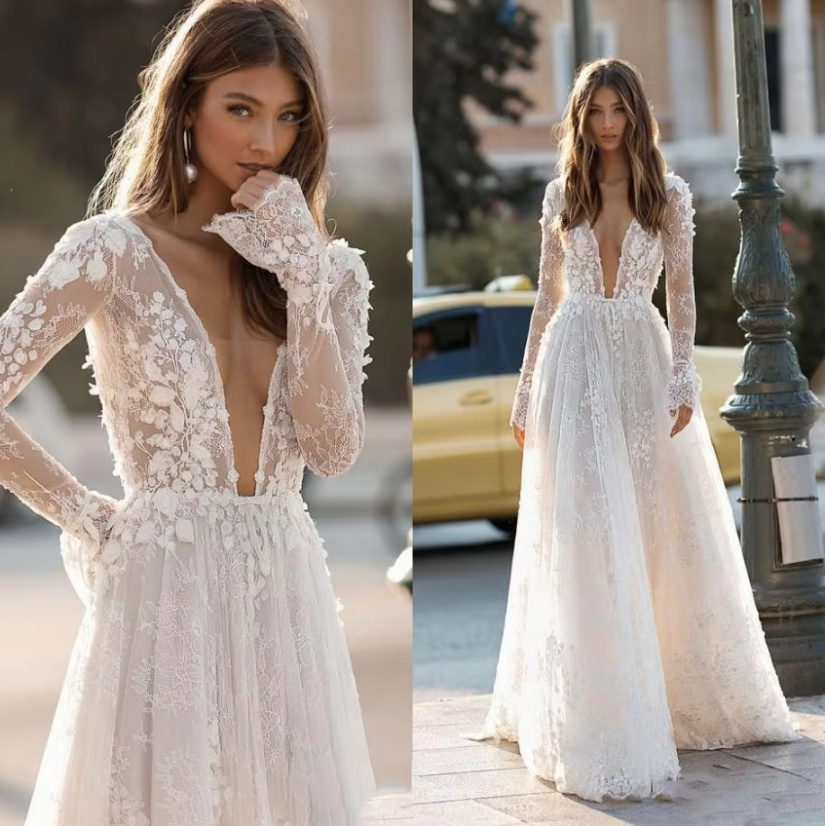 A Linie Langarm Brautkleid Eliane mit Blumen Rückenausschnitt und&nbsp;Spitze