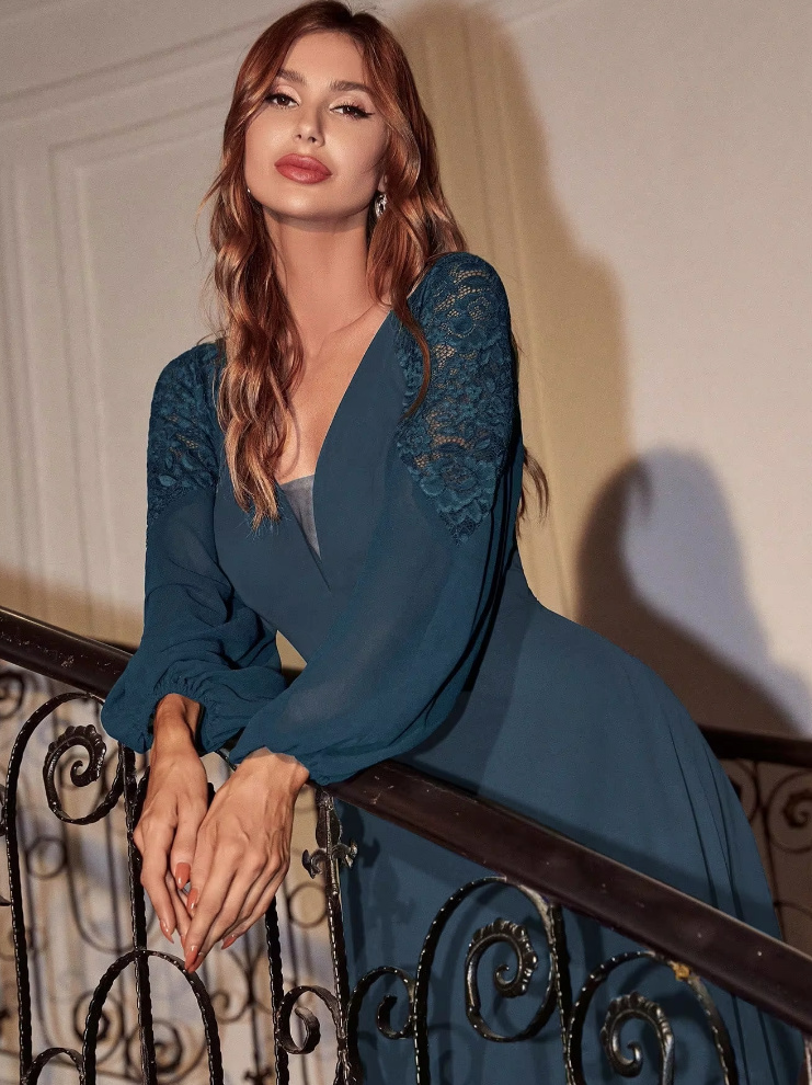 A Linie Langarm Kleid Eve Elegant für Hochzeitsgäste in&nbsp;Dunkelblau