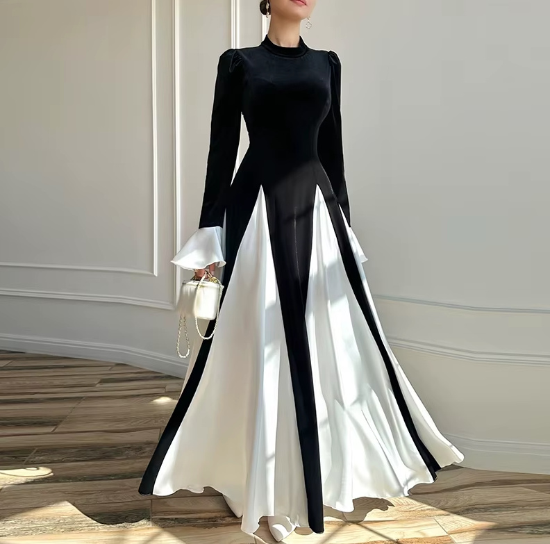 A Linie Langarm Patchwork Maxi Kleid Dorkas Elegant in Schwarz Weiß