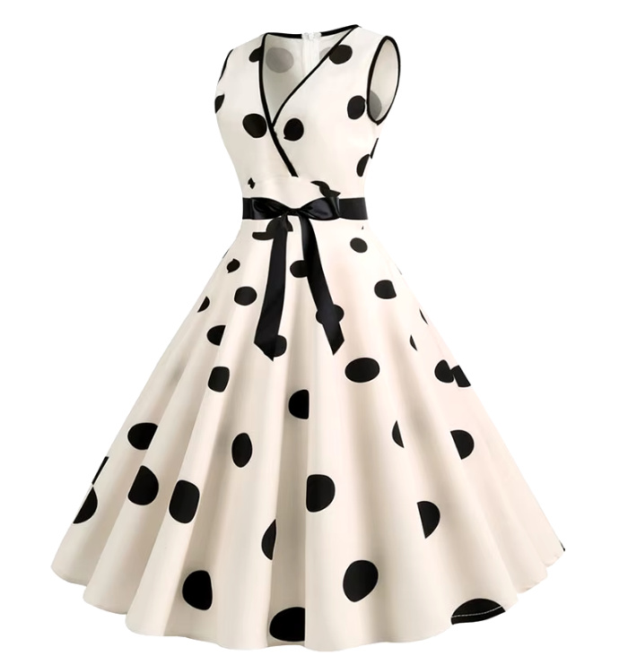 Ärmelloses 50er Rockabilly Kleid Knielang in Champagne&nbsp;Gepunktet