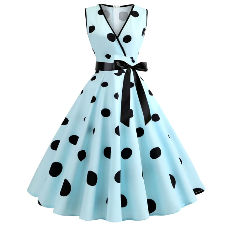 Ärmelloses 50er Rockabilly Kleid Knielang in Hellblau&nbsp;Gepunktet