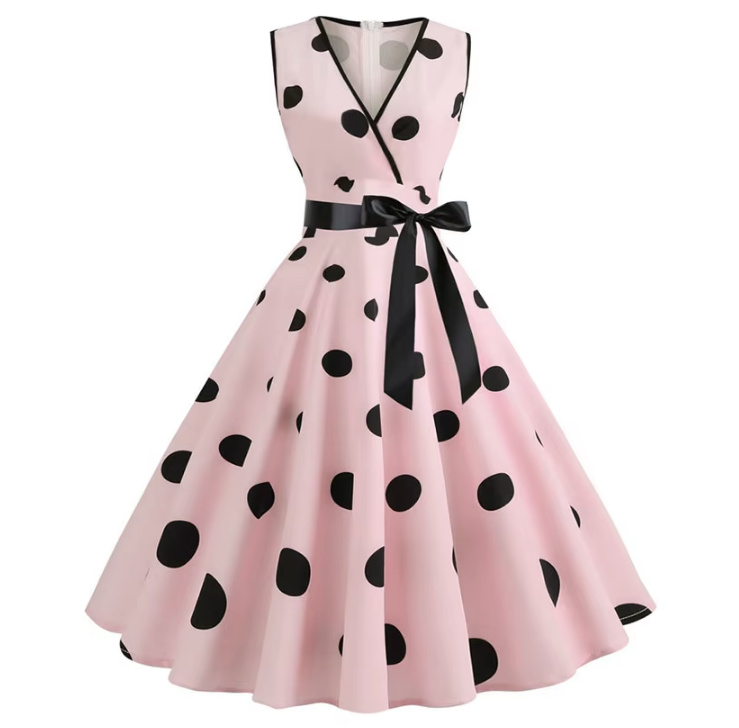 Ärmelloses 50er Rockabilly Kleid Knielang in Rosa&nbsp;Gepunktet