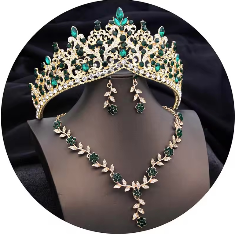 Brautschmuck Set Dana Tiara Halskette und Ohrringe im Set Gold&nbsp;Dunkelgrün