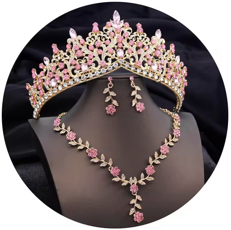 Brautschmuck Set Dana Tiara Halskette und Ohrringe im Set Gold Rosa