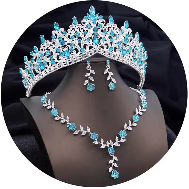 Brautschmuck Set Dana Tiara Halskette und Ohrringe im Set Hellblau Silber