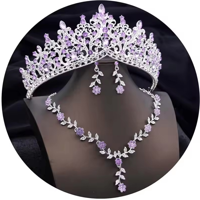 Brautschmuck Set Dana Tiara Halskette und Ohrringe im Set Pink&nbsp;Silber