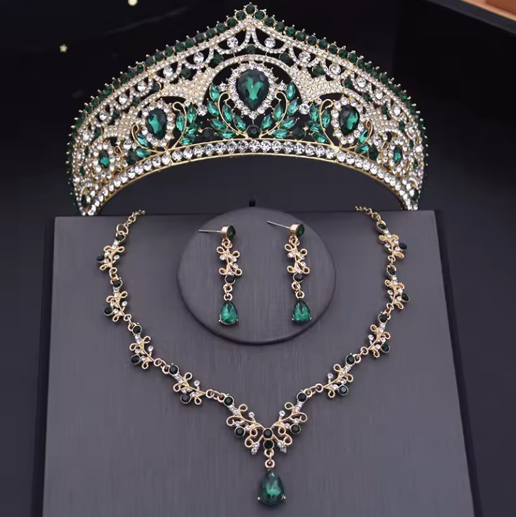 Brautschmuck Set Evelyn Tiara Halskette und Ohrringe im Set Gold&nbsp;Grün