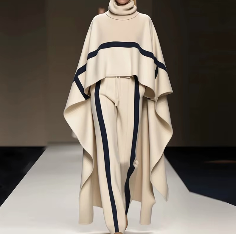 Damen Herbst Winter Outfit 2025 Poncho Style Pullover mit Hose im Set&nbsp;Creme