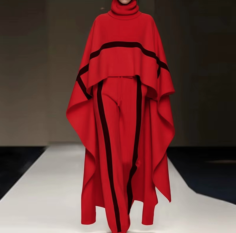 Damen Herbst Winter Outfit 2025 Poncho Style Pullover mit Hose im Set&nbsp;Rot