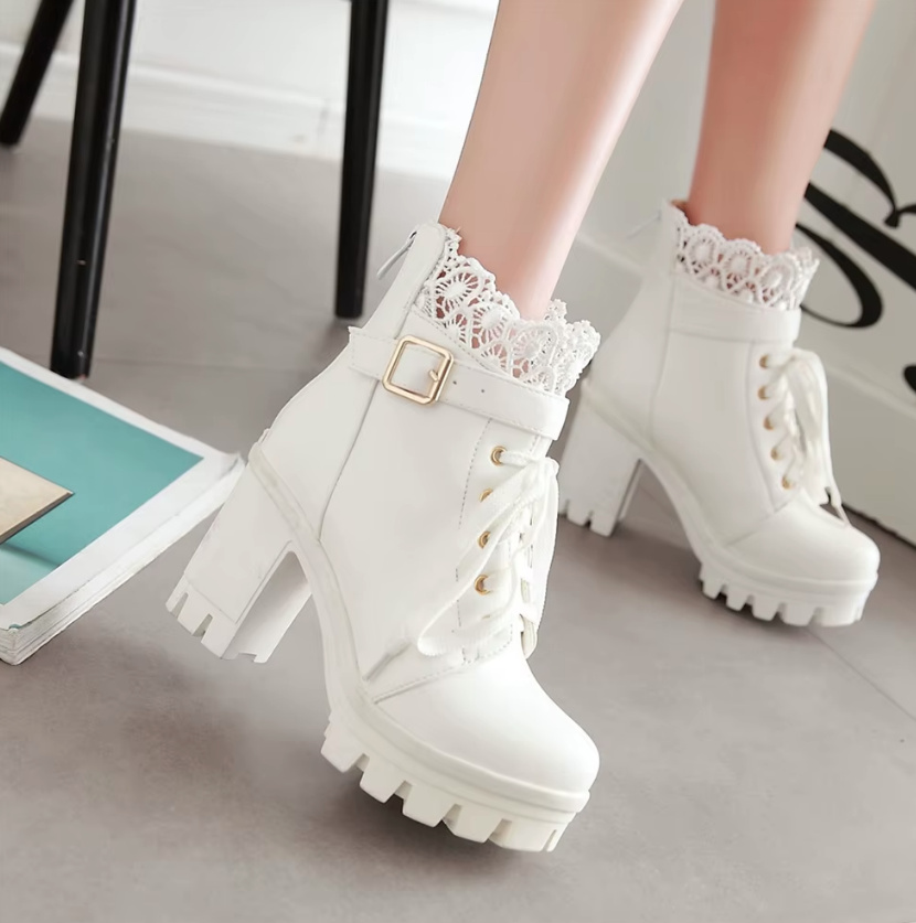 Damen Martin Stiefel Brautschuhe Hochzeitsschuhe Elna Weiß mit&nbsp;Spitze