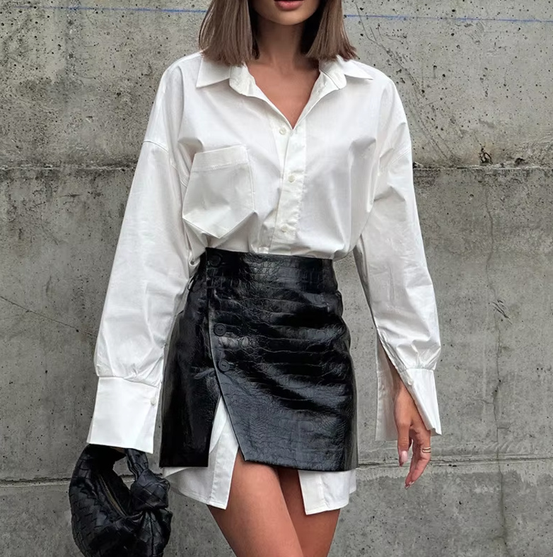 Eleganter Mini Zweiteiler Long Bluse mit Pu Mini Rock im&nbsp;Set