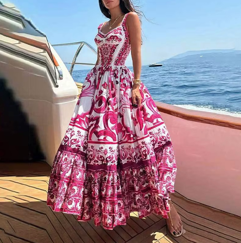 Elegantes A Linie Maxi Boho Kleid Knöchellang in Pink Weiß mit&nbsp;Blumen