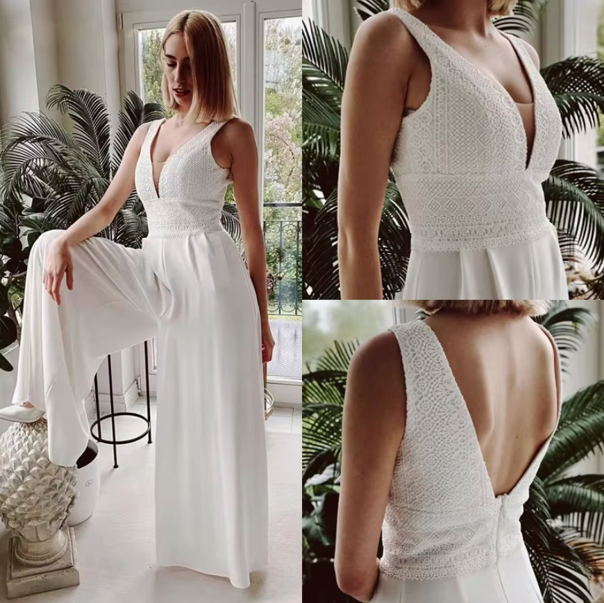 Empire Braut Einteiler Overall Corona mit V Ausschnitt und&nbsp;Spitze