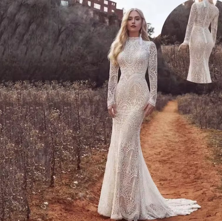 Fit and Flare Boho Style Langarm Brautkleid Dori aus&nbsp;Spitze