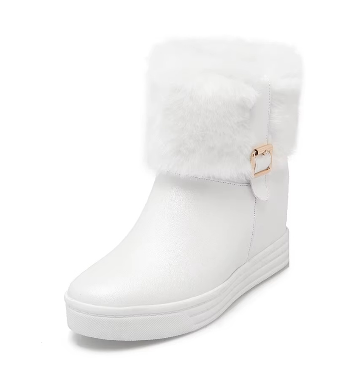 Flache Braut Stiefeletten Hochzeitsschuhe Elmira in Weiß mit Plüsch und&nbsp;Schnalle