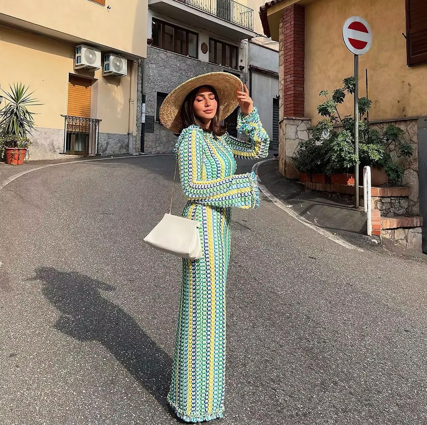 I Linie Langarm Strick Strandkleid Cover Up Kleid in Grün mit Rückenausschnitt