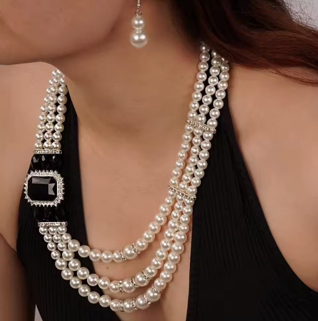 Kristall Strass Perlen Halskette Dreilagig mit Ohrringe im Set Schwarz&nbsp;Weiß