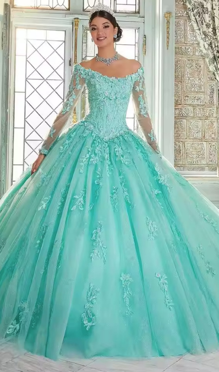 Langarm Quinceanera Ballkleid Cheyenne mit Tattoo Spitze in&nbsp;Mintgrün