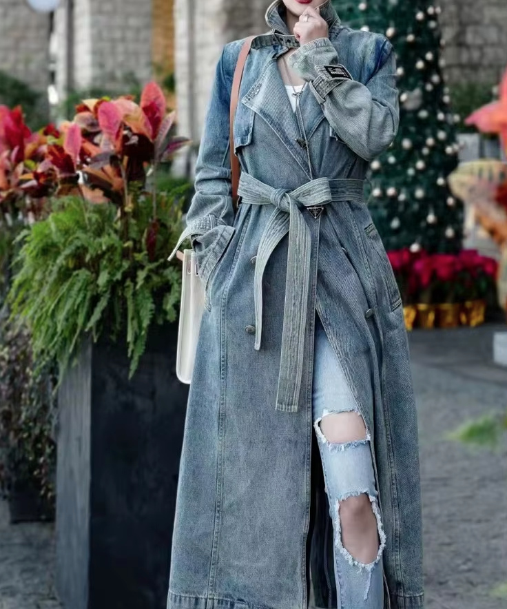 Langer Damen Jeans Mantel zum Binden&nbsp;Hellblau