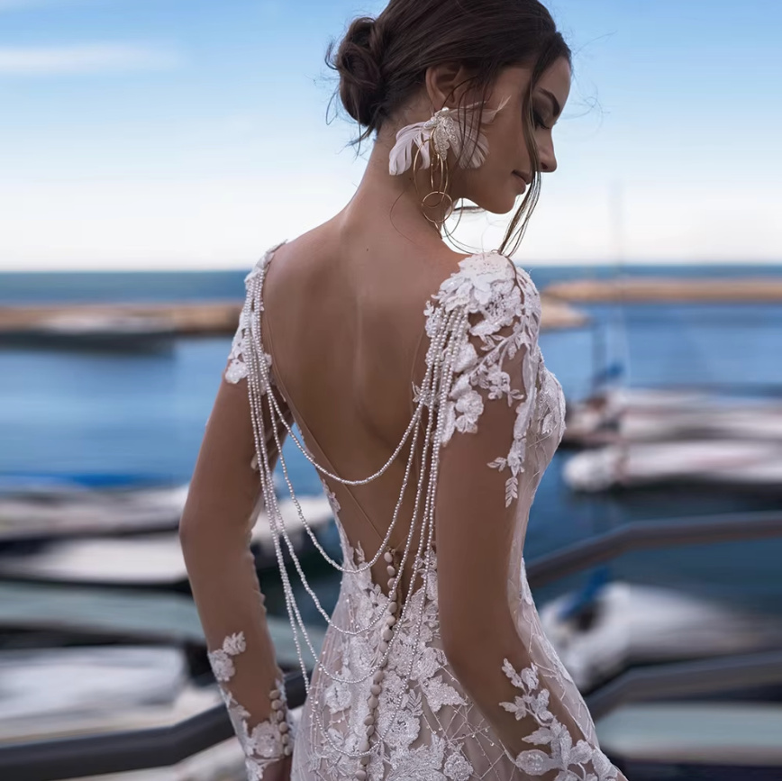 Meerjungfrau Brautkleid Darja mit Ärmel aus Spitze Schleppe und Perlen Kette&nbsp;Applikationen