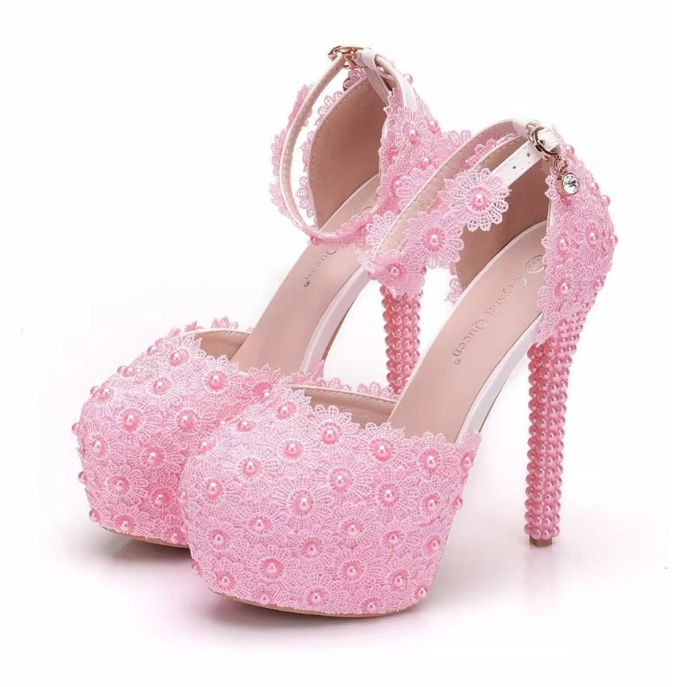 Plateau High Heels Brautschuhe Emmy mit Perlen und Knöchelriemen&nbsp;Rosa