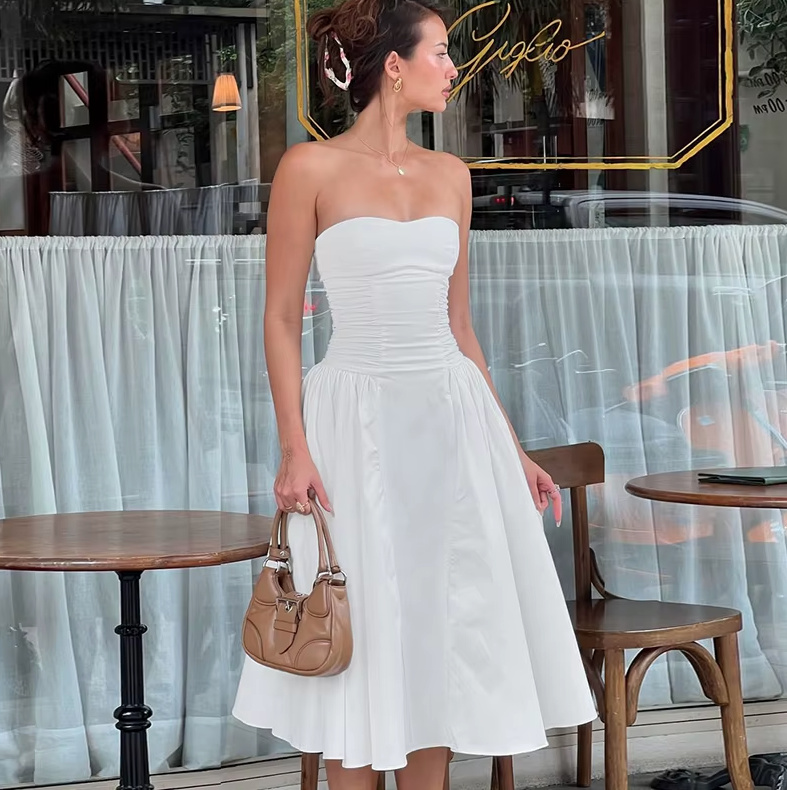 Schulterfreies A Linie Vintage Style Kleid in Weiß Wadenlang&nbsp;Elegant