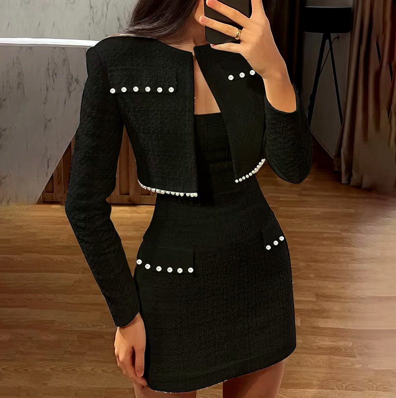 Schulterfreies Bleistift Tweed Minikleid mit Blazer Jacke im Set&nbsp;Schwarz