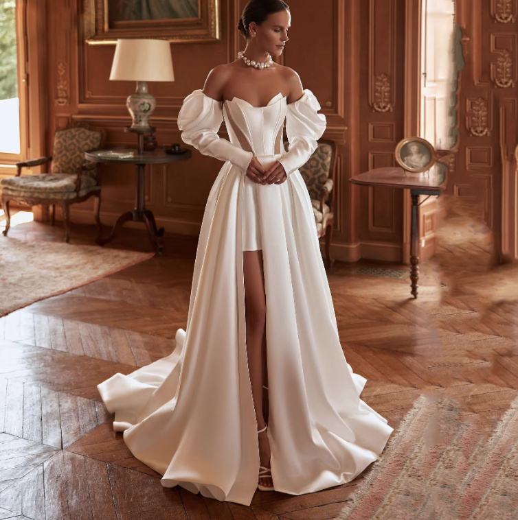 Schulterfreies Vokuhila Brautkleid Dyre Ärmel&nbsp;Abnehmbar