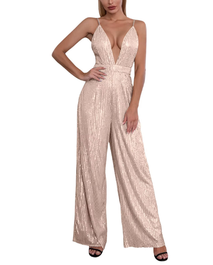 Sexy Glitzer Pailletten A Linie Einteiler 2025 Jumpsuit Diandra mit V Ausschnitt in&nbsp;Elfenbein