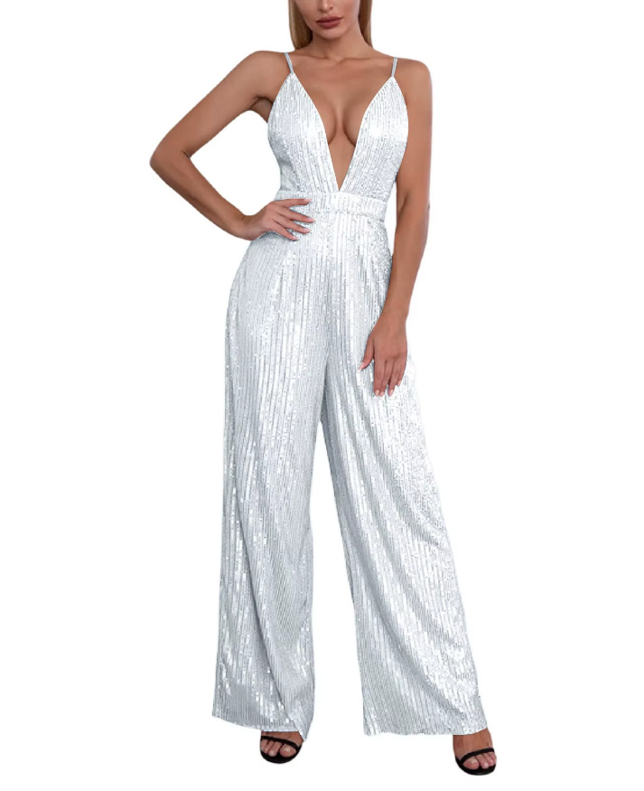 Sexy Glitzer Pailletten A Linie Einteiler 2025 Jumpsuit Diandra mit V Ausschnitt in&nbsp;Weiß