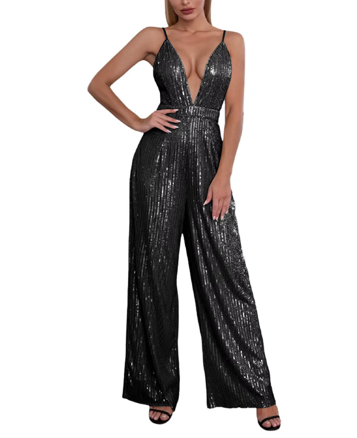 Sexy Glitzer Pailletten A Linie Einteiler Jumpsuit Diandra mit V Ausschnitt in Schwarz